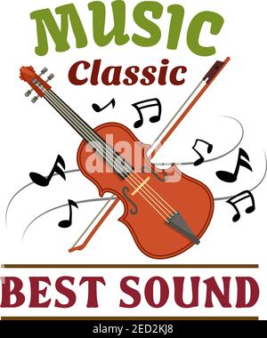 Klassisches Musikabzeichen aus Violine und Bogen mit umherwirbelnden Noten. Musikkonzert, Festival, Plattenstudio, Radio-Symbol-Design Stock Vektor