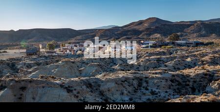 Tabernas Wüstenlandschaft und die westliche Stadt Fort Bravo in Almeria Andalusien Spanien Europa Stockfoto