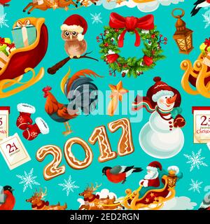 Neujahr und Weihnachten Urlaub nahtlose Muster. Weihnachtsmann mit Geschenk in Rentierschlitten, Schneemann, Kiefer und Stechenkranz mit Band, Stern, Handschuh, Schneefloh Stock Vektor