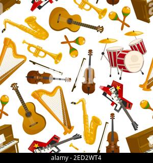Musikalische Instuments nahtlose Muster. Vector Hintergrund von Musikinstrumenten mit E-Gitarre, Saxophon und Harfe, Trommel, Geigenbogen, Becken, trum Stock Vektor