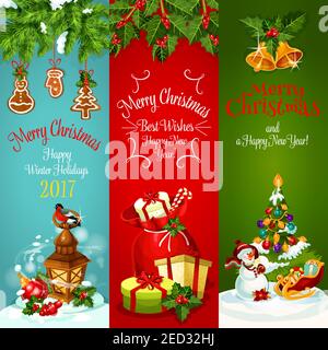 Weihnachtsfeiertage Bannerset. Weihnachtsbaum mit Ball, Geschenktüte mit Geschenk und Süßigkeiten, Schneemann mit santas Schlitten und Laterne mit Bullfink, geschmückt von Stock Vektor