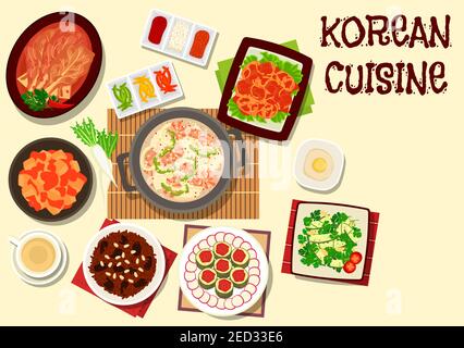 Koreanische Küche traditionelle Kimchi Gemüsegerichte Ikone mit Seafood-Suppe, würziger Daikon, Gurken-Koriander-Salat, marinierter Fisch mit Rettich, süßer r Stock Vektor