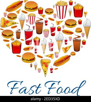 Fast-Food-Liebe Symbol. Herzform mit Vektor Fast Food Cheeseburger, Pizza-Scheibe, Hot Dog, pommes frites, Limonade, Eis, Popcorn. Fastfood Me Stock Vektor