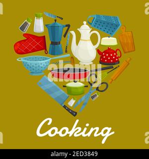 Kochen Zeichen der Vektor-Geschirr flache Symbole. Herz Symbol der isolierten Küchenutensilien Kaffeemaschine, Reibe, Kochhandschuh, Messer, Beil, Schere Stock Vektor