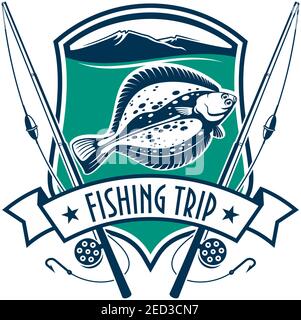 Angeln Emblem mit Ikonen der Fische, Angelrute. Vektor-Schild für Fischer Camp Sport Club, Angeltour mit Meeresschild, Band, Stern, Flounde Stock Vektor