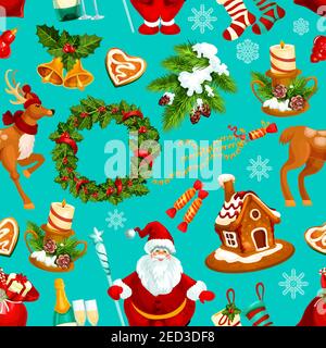 Weihnachten Winter Urlaub nahtlose Muster von Santa, Geschenk, Süßigkeiten, Holly Beerenkranz mit Band, Glocke, Kiefer, Schneeflocke, Kerze, xmas Socke, Ginge Stock Vektor