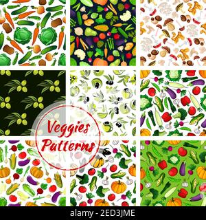 Gemüse, Obst und Pilze nahtlose Muster mit Tomaten, Oliven, Pfeffer, Brokkoli und Karotten, Auberginen und Zwiebeln, Kohl, Kürbis, Knoblauch und Porc Stock Vektor