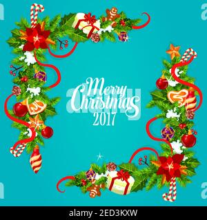 Frohe Weihnachten Grußkarte mit festlichen Weihnachten Girlande. Holy Beere und Kiefer Ecke mit Zuckerrohr, Geschenk, Stern, Band, Kugel, Gingerbrea Stock Vektor