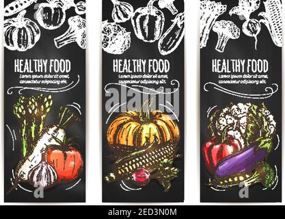 Gemüse Poster Set. Vegetarische gesunde Ernährung von Vektor-Kreide Skizze veggie Spargel, Daikon Rettich, Tomaten, Kürbis, Mais, Blumenkohl, ga Stock Vektor