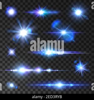 SAR-Glanzset. Singende Sterne, glitzernde Strahlen, blaue Neonlichtstrahlen mit Lichtreflexeffekt. Vektor isolierte Symbole auf transparentem Hintergrund für neue Ye Stock Vektor