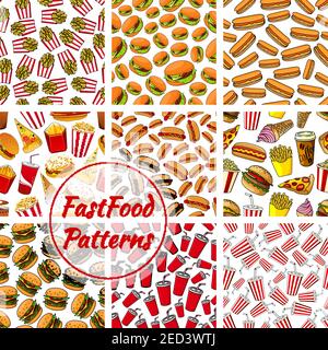 Fast Food und Getränke nahtlose Muster Hintergrund gesetzt. Hamburger zum Mitnehmen, Hot Dog, Pizza, süße Limonade und Kaffeetassen, Cheeseburger, pommes frites Stock Vektor
