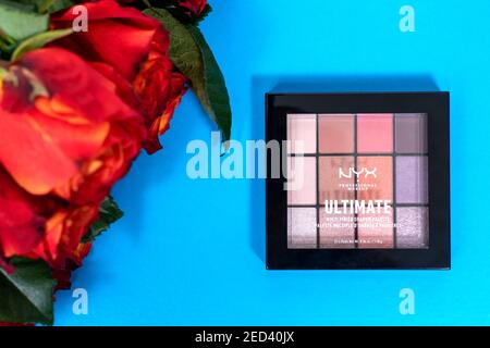 01 29 2021 Moskau, Russische Föderation. nyx ultimate Lidschatten auf blauem Hintergrund mit Blumen gesetzt. Illustratives Editorial Stockfoto
