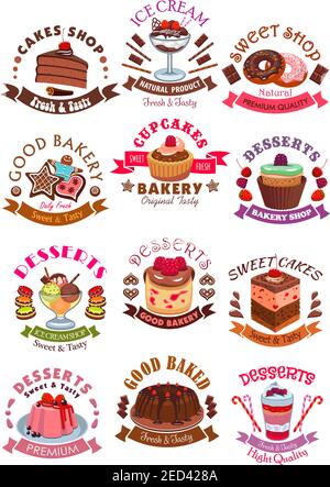 Desserts Symbole und Schilder. Süßigkeiten, Cupcake und Eis, Kekse, Kuchen, Schokoladenmuffin und Wafer, Waffel mit Früchten und Beeren. Vektor-isoliertes System Stock Vektor