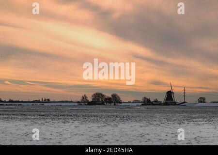 Windmühle bei Sonnenuntergang in der typisch flachen holländischen ländlichen Landschaft, Hoogmade, Südholland, Niederlande Stockfoto