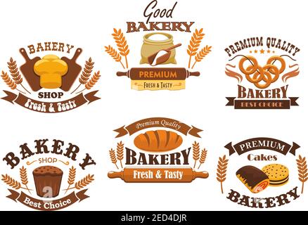 Bäckerei Shop Zeichen von Brot, Gebäck, Desserts. Vector isolierte Bäckerei Ikonen von Weizenbrot Laib, Mehlsack mit Nudelholz, Bagels gebacken, Roggenbrot b Stock Vektor