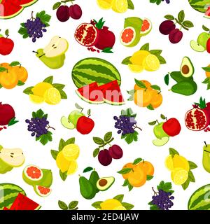 Früchte nahtloses Muster. Frische saftige helle Traube, Wassermelone, Orange, Avocado und Granatapfel, Pflaume und Zitruszitrone, Pomelo und Apfel, Traube, Birne. Stock Vektor