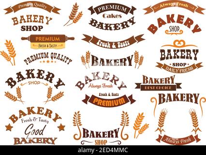 Bäckereigeschäft Vektorschilder, Symbole und Abzeichen. Isolierte Banner und Bänder mit Sternen und Nudelholz. Getreideernte Symbole für Bäckerei Brotladen Stock Vektor