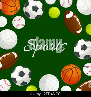 Sport-Poster von Vektor-Fußball, Volleyball, Fußball, Rugby, Tennis, Baseball, Basketball, Golfball Symbole. Sportliche Teamspiele auf grünem Backgrou Stock Vektor