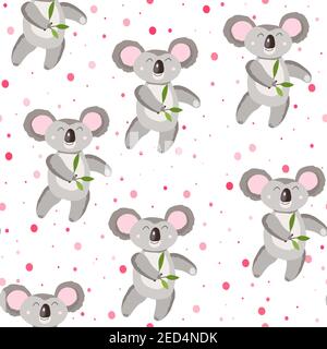 Nahtloses Muster mit niedlichen Koala Baby und Herzen auf weißen Tupfen Hintergrund. Lustige australische Tiere. Karte, Postkarten für Kinder. Flachvektor Stock Vektor