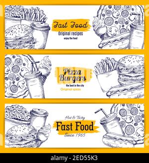 Fast Food Skizzenbanner. Vector skizziert Burger und Pizza, Cheeseburger und pommes frites, Hot Dog, Hamburger und Donut, Popcorn, Eis, Soda dri Stock Vektor