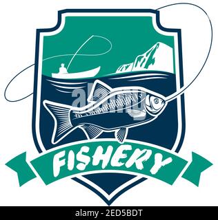 Symbol „Fischerei“. Fisch und Meeresfrüchte Industrie Vektor isoliert Abzeichen mit Fischer im Boot, Angelrute, Fisch auf Haken, Meerwasser. Angeln Sport Abenteuer cl Stock Vektor