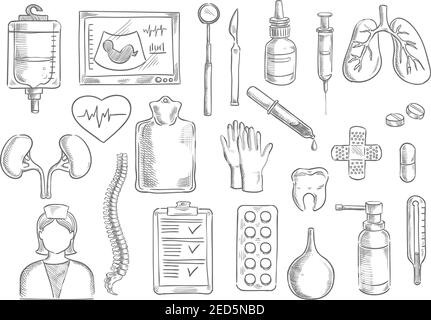Medizinische Symbole. Vektor isolierte Skizze Linie Medizin Artikel von Blutzähler, Ultraschall, Thermometer, Chirurg und Zahnarzt Werkzeuge, Pipette und syrin Stock Vektor