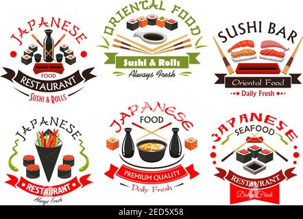 Japanische Meeresfrüchte-Embleme. Vektorschilder der orientalischen Küche mit Sushi-Shrimp-Brötchen, Lachs-Sashimi, gedämpftem Reis und Miso-Suppenschüssel, Algen, Wasabi, Soja Stock Vektor