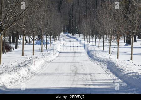 Leere verschneite Straße im Winter Stockfoto