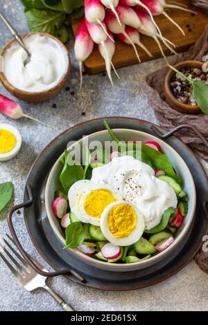 Frisches Frühlingsfutter, gesunde vegane Mittagsschale. Spinat, Gurke, Rettichsalat und gekochte Eier mit Sauerrahm. Stockfoto