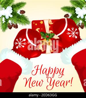 Weihnachtsmann Hände halten Geschenkbox mit Band Schleife, Holly-Beere und Glocke. Weihnachten und Neujahr Grußkarte Design Stock Vektor