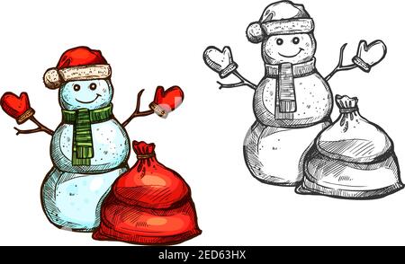 Schneemann Vektor isoliert Skizzensymbol. Weihnachts Schneemann mit Sant Geschenksack, gestrickte Winterhandschuhe, Hut, Schal Stock Vektor