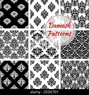 Damast Muster von Luxus blumigen Kulissen und florieren Ornament verzierten Fliesen und barocken Hintergrund mit Rokoko-Design. Vektor-Set von nahtlosen Flora Stock Vektor