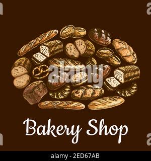 Bäckerei Shop Emblem in Form von Brot Laib mit Vektor-Skizze Elemente von Brot und Backwaren Weizen und Roggen Brot Ziegel und Bagels, Brezel, Fre Stock Vektor
