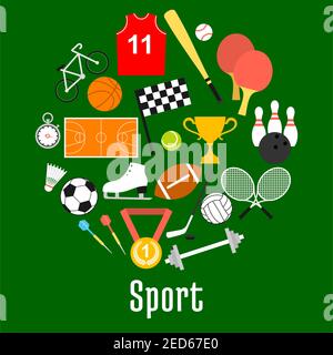 Sport Symbole und Sportartikel in Form von Kreis mit Bällen für Fußball und Volleyball, Basketball und Tennis, Baseball und Bowling, Hockey Puck ein Stock Vektor