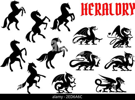 Wappentiere mythische Tiere Embleme. Vektor Silhouette Symbole von Pferd Einhorn, Griffin Dragon heraldry für Tattoo, Schild Insignien Stock Vektor