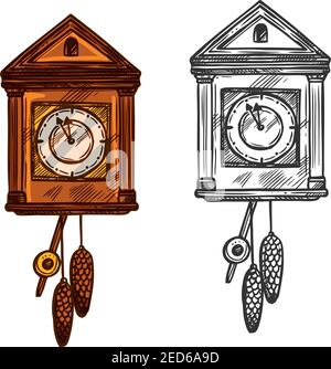 Neujahrsuhr. Vektor isolierte Skizze Kuckuck Wanduhr mit Pendel und Tannenzapfen Zapfen. Pfeile in Minuten vor Mitternacht. Retro Symbol für christus Stock Vektor