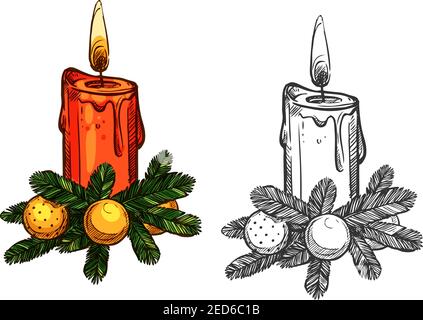 Weihnachtsbrennkerze mit Tannenzweigen, Bow Girlande, weihnachtskugeln. Vektorskizze isolierte Symbole für das neue Jahr Design gesetzt Stock Vektor