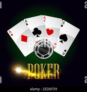 Poker Spielkarten und Casino Glücksspiel Chips Vektor-Poster mit glücklichen Gewinner Kombination von Assen oder Pik, rote Herzen, Diamanten und schwarze Clubs Anzüge Stock Vektor
