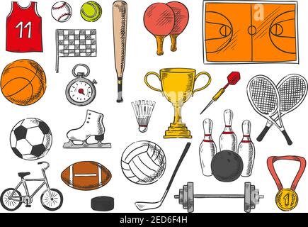 Sport-Symbole von Bällen und sportliche Spiele Artikel von Tennisbällen, Federball und Schläger, Fußball-Spielfeld, Champion-Pokal, Basketball Stock Vektor