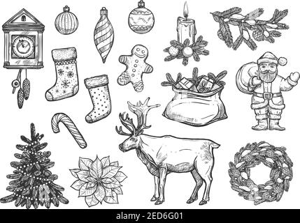 Weihnachten, Neujahr Symbole, Ornamente. Vektor isoliert Skizze Santa mit Geschenktüte, Strümpfe, Lebkuchenmann, Kugel, Kegel, dekoriert Christma Stock Vektor