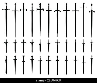 Schwarze Silhouetten von Schwertern auf weißem Hintergrund Stockfoto