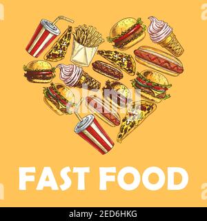 Fast-Food-Symbol in Form von Herz. Vector Skizze Cheeseburger, Pizza-Scheibe, Hot Dog, pommes frites, Hamburger, Limonade, Eis Stock Vektor