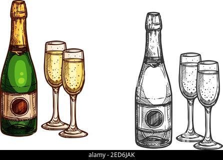 Neujahrsfeier Champagnerflasche mit Gläsern. Vektorfarbe Skizze isolierte Symbole. Weihnachten Feiertage Party Symbol Stock Vektor
