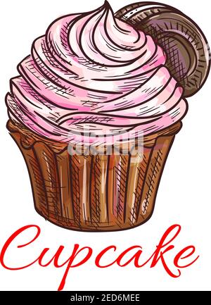 Cupcake cremig süße Dessert-Ikone. Vector isoliert Emblem von Kekskuchen mit Sahne und Schokolade aufschlagen. Vektorfarbe Skizzenbeschriftung el Stock Vektor