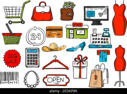 Symbole für den Einkauf. Vector isoliert Einzelhandel und Kauf Artikel Ladentisch, Frau Kleid und Kreditkarte, Kleiderbügel und Schuhe, Geschenkbox und Sho Stock Vektor