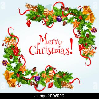 Frohe Weihnachten Grußkarte mit Rahmen aus Kiefer, Tannenzweigen. Vektor-Poster mit Stechbogen, Bändern, weihnachtsschmuck Stock Vektor