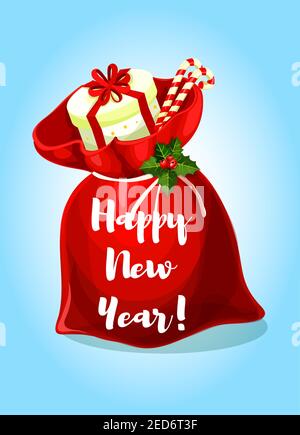 Weihnachtsmann Geschenktasche voller Geschenke, Geschenke, Zuckerrohr, gebunden mit Stechbude. Frohes neues Jahr Vektor-Poster, Grußkarte Stock Vektor
