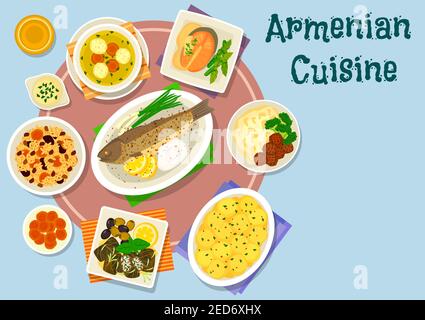 Armenische Küche Abendessen Gerichte Ikone des gebackenen Fisch mit Reis, Lamm Fleischbällchen Suppe, Traubenblatt Rolle, Reis Pilaf mit getrockneten Früchten, Fleischbällchen mit pürierten po Stock Vektor
