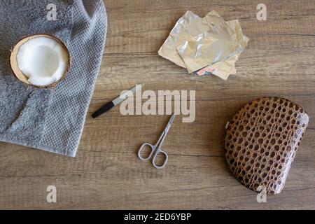 Handpflege, Maniküre-Werkzeuge. Spa-Behandlung für die Hände. Beauty- und Spa-Konzept. Stockfoto