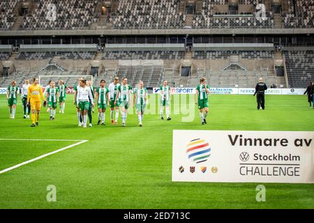 Stockholm, Schweden. Februar 2021, 14th. Hammarby nach dem Sieg im Finale der Volkswagen Stockholm Challenge zwischen Hammarby und Brommapojkarna in der Tele2 Arena in Stockholm, Schweden Credit: SPP Sport Press Photo. /Alamy Live Nachrichten Stockfoto